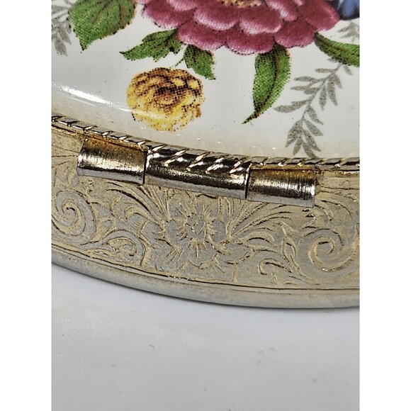 Vintage Oval Mauve Floral Design Porcelain Silver Tone Hinged Pill Trinket Box - Picture 7 of 8